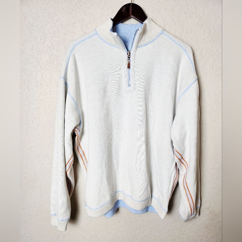 Tommy Bahama Reversible Half Zip Pullover Sweater Blue White Mens 1X